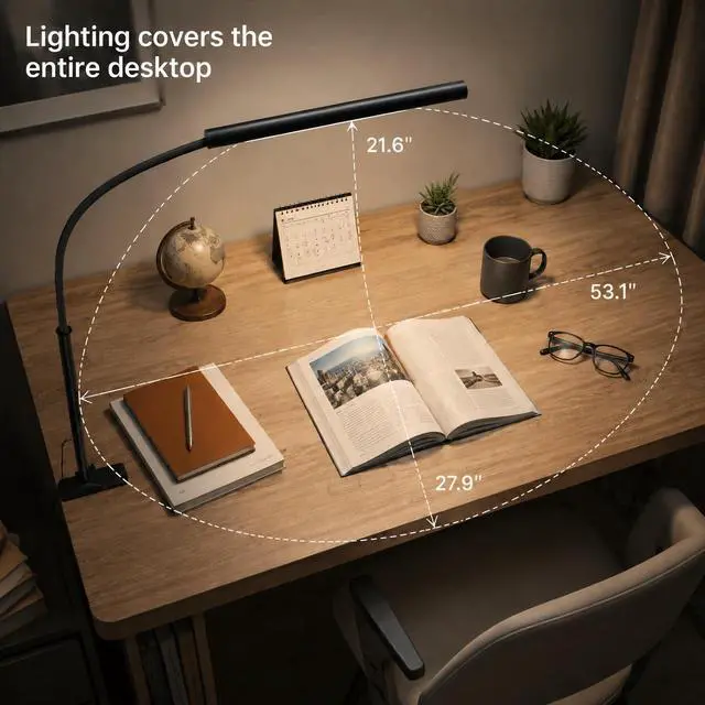Alt view image 4 of 7 - LED Desk Lamp with Clamp, 5 Color Modes & 10 Brightness Levels, Eye-Caring Desk Light, Flexible Gooseneck, Memory Function, Adapter Included for Home Office, Reading & Study