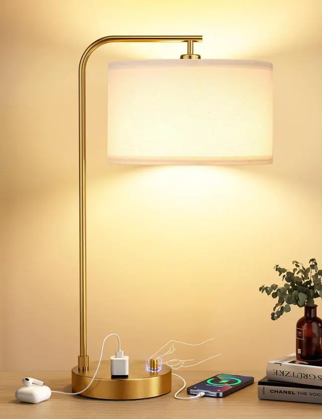 Main image of Gold Table Lamp with USB Port and Outlet, Dimmable Nightstand Bedside Lamps with Linen Lampshade, Desk Lamp for Bedroom, Living Room, Guest Room, Home Office, LED Bulb Included