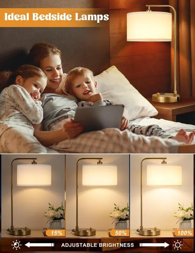 Alt view image 3 of 7 - Gold Table Lamp with USB Port and Outlet, Dimmable Nightstand Bedside Lamps with Linen Lampshade, Desk Lamp for Bedroom, Living Room, Guest Room, Home Office, LED Bulb Included