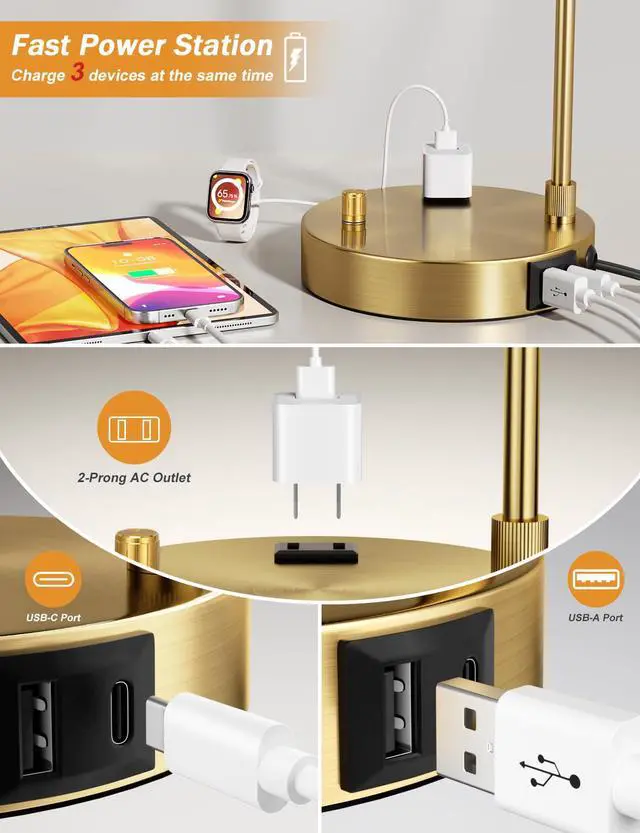 Alt view image 2 of 7 - Gold Table Lamp with USB Port and Outlet, Dimmable Nightstand Bedside Lamps with Linen Lampshade, Desk Lamp for Bedroom, Living Room, Guest Room, Home Office, LED Bulb Included