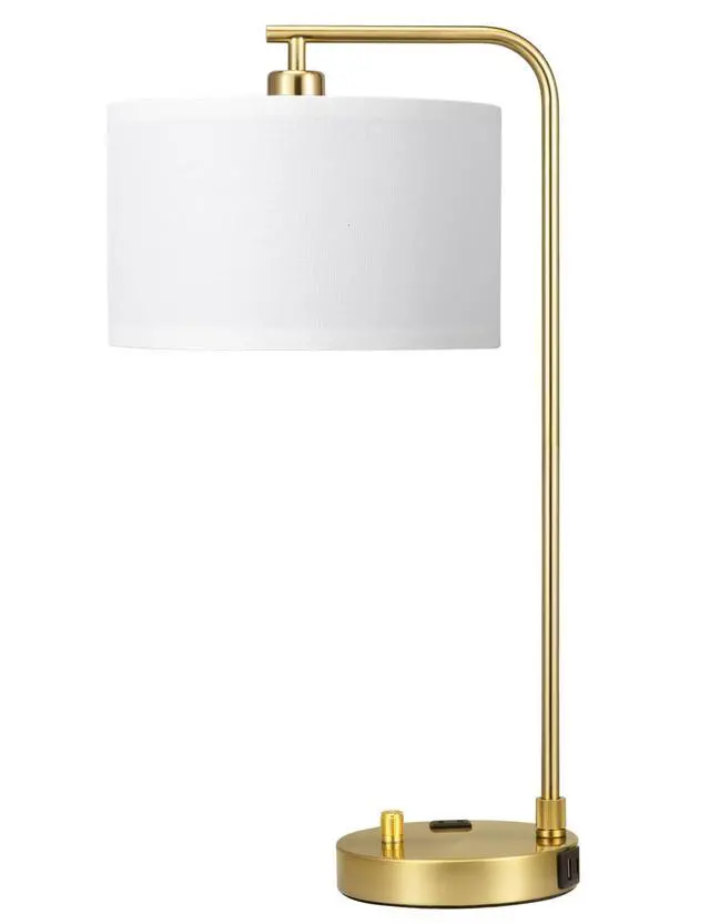 Alt view image 4 of 7 - Gold Table Lamp with USB Port and Outlet, Dimmable Nightstand Bedside Lamps with Linen Lampshade, Desk Lamp for Bedroom, Living Room, Guest Room, Home Office, LED Bulb Included