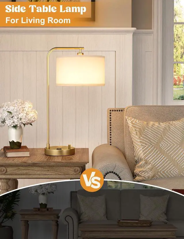 Alt view image 6 of 7 - Gold Table Lamp with USB Port and Outlet, Dimmable Nightstand Bedside Lamps with Linen Lampshade, Desk Lamp for Bedroom, Living Room, Guest Room, Home Office, LED Bulb Included