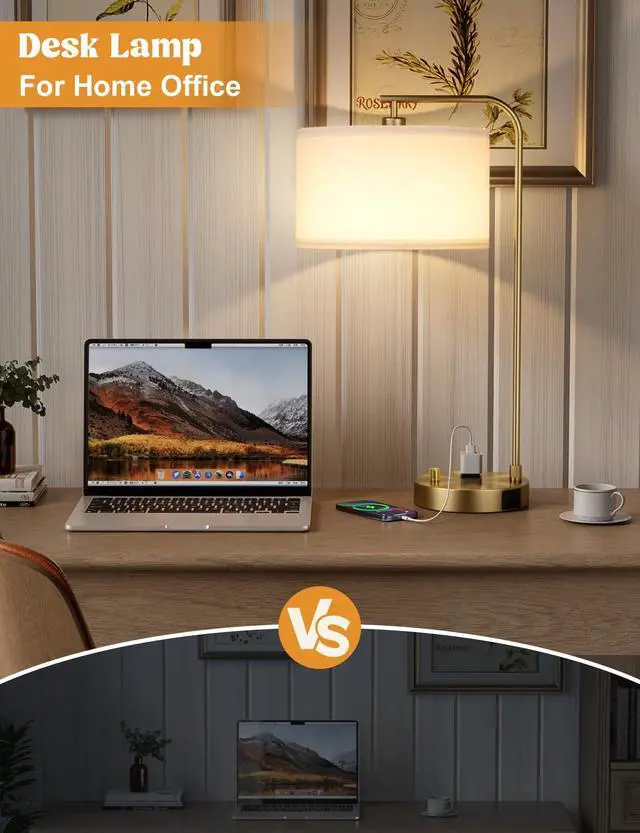 Alt view image 5 of 7 - Gold Table Lamp with USB Port and Outlet, Dimmable Nightstand Bedside Lamps with Linen Lampshade, Desk Lamp for Bedroom, Living Room, Guest Room, Home Office, LED Bulb Included