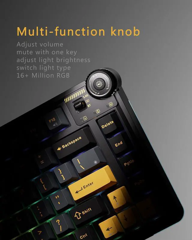 Alt view image 5 of 6 - AU75 Wireless Mechanical Keyboard, x Aula 75% Hot-Swappable RGB Gaming Keyboard with Multi-Device Connectivity, Customizable LED Backlit, Knob Control, PBT Keycaps for Windows, Mac, PC, Tablet