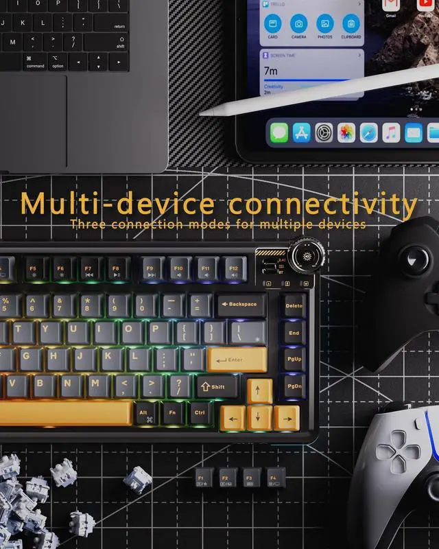 Alt view image 6 of 6 - AU75 Wireless Mechanical Keyboard, x Aula 75% Hot-Swappable RGB Gaming Keyboard with Multi-Device Connectivity, Customizable LED Backlit, Knob Control, PBT Keycaps for Windows, Mac, PC, Tablet