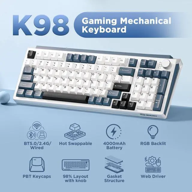 Alt view image 2 of 7 - K98 Wireless Mechanical Keyboard,Tri-Mode BT5.0/2.4GHz/USB-C Hot Swappable Custom Keyboard,Gasket Structure,RGB Backlit Gaming Keyboard for Win & Mac(White&Blue,Milk-V2 Switch)