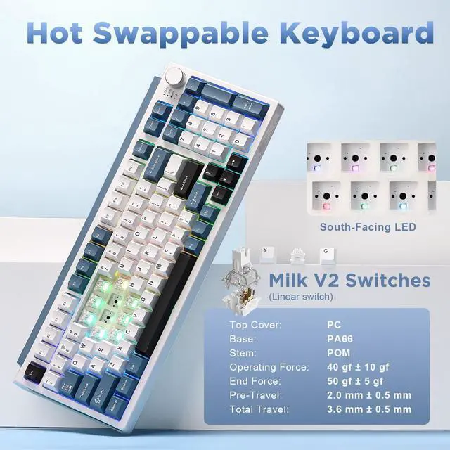 Alt view image 3 of 7 - K98 Wireless Mechanical Keyboard,Tri-Mode BT5.0/2.4GHz/USB-C Hot Swappable Custom Keyboard,Gasket Structure,RGB Backlit Gaming Keyboard for Win & Mac(White&Blue,Milk-V2 Switch)