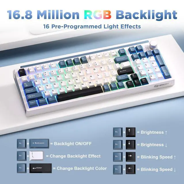 Alt view image 5 of 7 - K98 Wireless Mechanical Keyboard,Tri-Mode BT5.0/2.4GHz/USB-C Hot Swappable Custom Keyboard,Gasket Structure,RGB Backlit Gaming Keyboard for Win & Mac(White&Blue,Milk-V2 Switch)