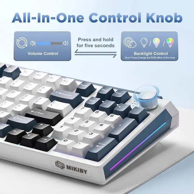 Alt view image 6 of 7 - K98 Wireless Mechanical Keyboard,Tri-Mode BT5.0/2.4GHz/USB-C Hot Swappable Custom Keyboard,Gasket Structure,RGB Backlit Gaming Keyboard for Win & Mac(White&Blue,Milk-V2 Switch)