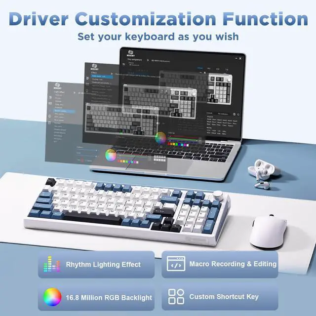 Alt view image 7 of 7 - K98 Wireless Mechanical Keyboard,Tri-Mode BT5.0/2.4GHz/USB-C Hot Swappable Custom Keyboard,Gasket Structure,RGB Backlit Gaming Keyboard for Win & Mac(White&Blue,Milk-V2 Switch)