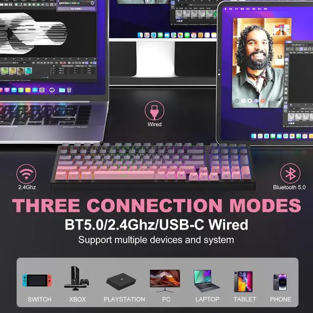 Alt view image 2 of 7 - X98 PRO Wireless Mechanical Keyboard,Hot Swappable Custom Keyboard with Number Pad,Linear Switches,Tri-Mode BT5.0/2.4GHz/USB-C,RGB Backlit Computer Gaming Keyboards for Win/Mac/PC