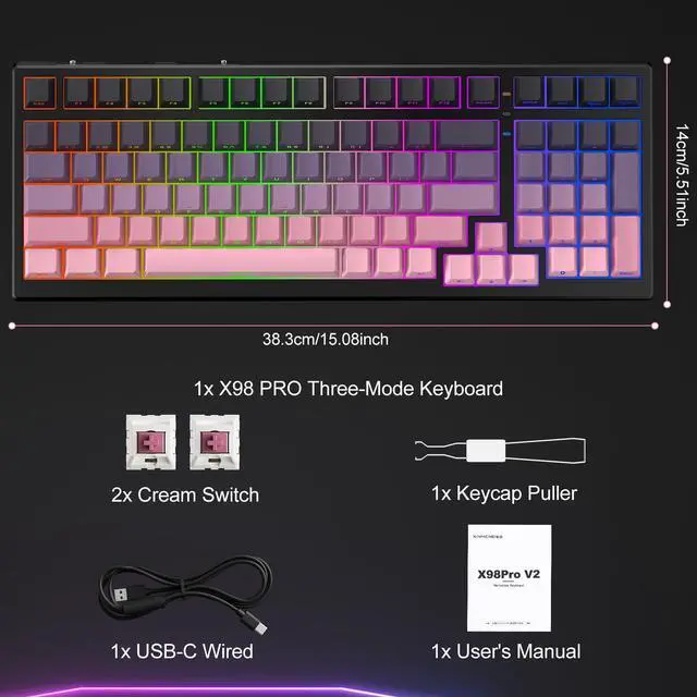 Alt view image 7 of 7 - X98 PRO Wireless Mechanical Keyboard,Hot Swappable Custom Keyboard with Number Pad,Linear Switches,Tri-Mode BT5.0/2.4GHz/USB-C,RGB Backlit Computer Gaming Keyboards for Win/Mac/PC