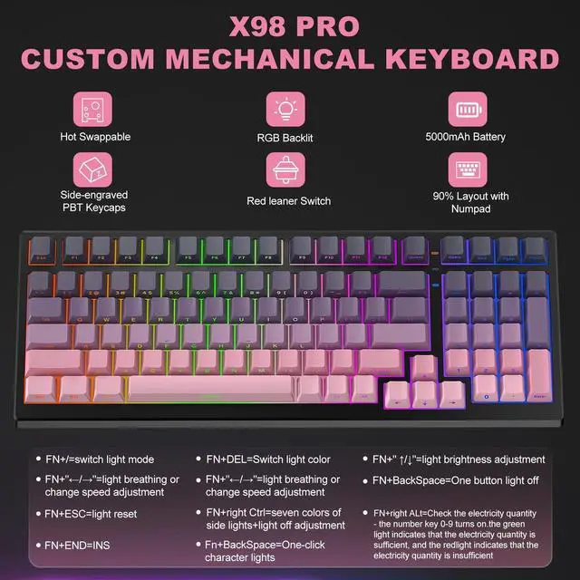 Alt view image 6 of 7 - X98 PRO Wireless Mechanical Keyboard,Hot Swappable Custom Keyboard with Number Pad,Linear Switches,Tri-Mode BT5.0/2.4GHz/USB-C,RGB Backlit Computer Gaming Keyboards for Win/Mac/PC