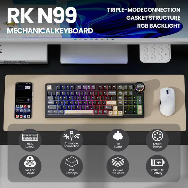 Alt view image 2 of 7 - N99 Wireless Mechanical Keyboard with Screen & Knob, BT/2.4G/USB-C, 96% Hot Swappable Custom Keyboard, Pre-lubed Linear Switches, Gasket Mount, RGB Gaming Keyboards