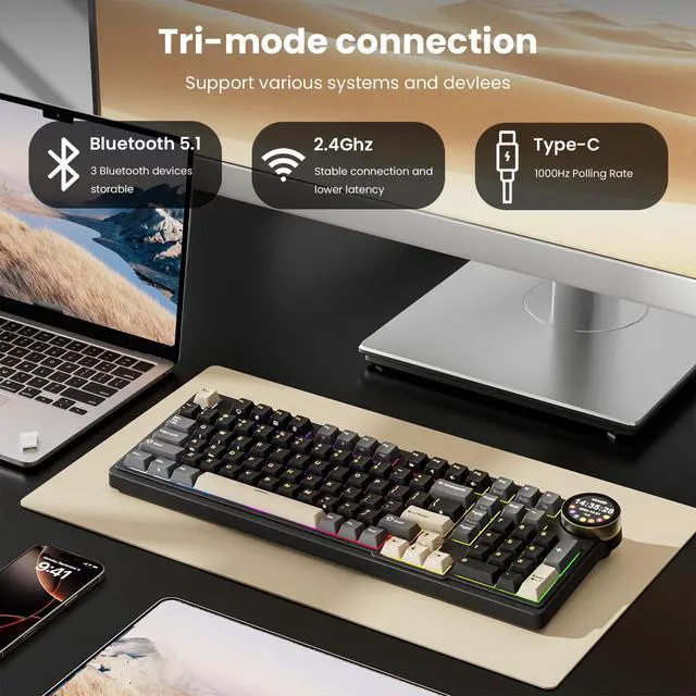 Alt view image 3 of 7 - N99 Wireless Mechanical Keyboard with Screen & Knob, BT/2.4G/USB-C, 96% Hot Swappable Custom Keyboard, Pre-lubed Linear Switches, Gasket Mount, RGB Gaming Keyboards