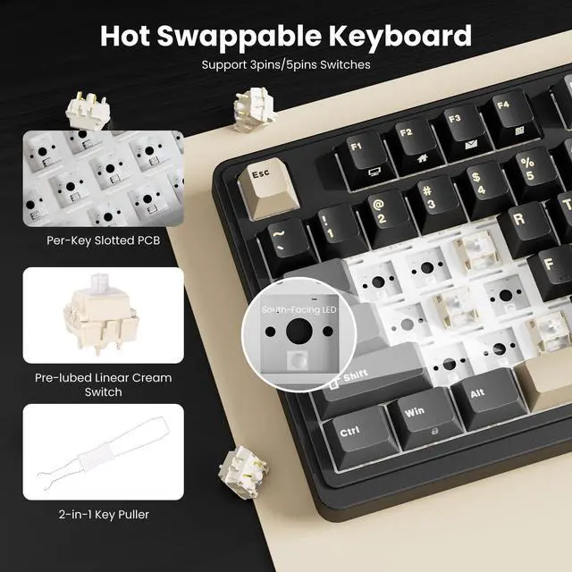 Alt view image 5 of 7 - N99 Wireless Mechanical Keyboard with Screen & Knob, BT/2.4G/USB-C, 96% Hot Swappable Custom Keyboard, Pre-lubed Linear Switches, Gasket Mount, RGB Gaming Keyboards