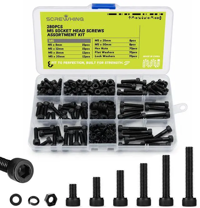 Main image of 280PCS M5 Hex Socket Cap Screw Assortment Kit, 12.9 Grade Alloy Steel Socket Head Cap Screws with Nuts, Flat & Lock Washers, M5 Machine Screw Set (8mm-30mm) for 3D Printer, Electronics, DIY