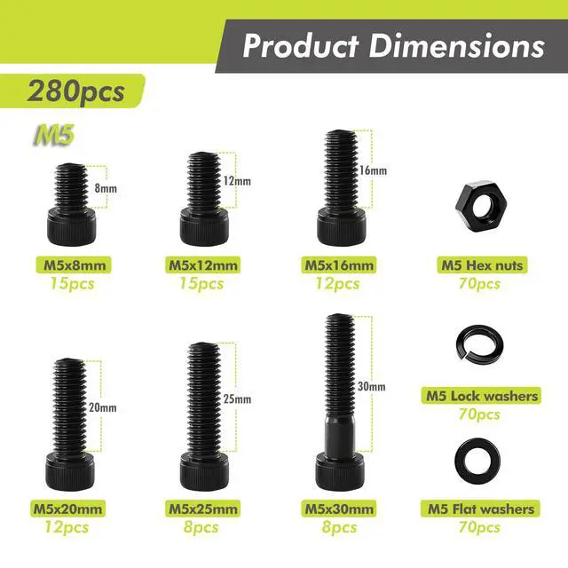 Alt view image 2 of 7 - 280PCS M5 Hex Socket Cap Screw Assortment Kit, 12.9 Grade Alloy Steel Socket Head Cap Screws with Nuts, Flat & Lock Washers, M5 Machine Screw Set (8mm-30mm) for 3D Printer, Electronics, DIY