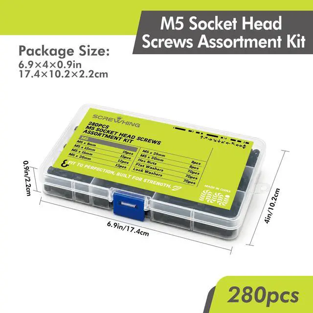 Alt view image 7 of 7 - 280PCS M5 Hex Socket Cap Screw Assortment Kit, 12.9 Grade Alloy Steel Socket Head Cap Screws with Nuts, Flat & Lock Washers, M5 Machine Screw Set (8mm-30mm) for 3D Printer, Electronics, DIY