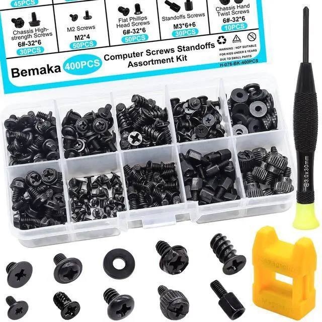 Main image of 400Pcs Computer Screws Assortment Kit, Motherboard Standoffs Screws PC Screws for Universal Motherboard, SSD, Hard Drive, PC Case, PC Fan, for DIY PC Installation and Repair