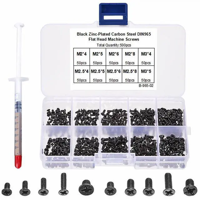 Main image of Laptop Repair Screw Kit 500PCS Black Zinc Plated M2 M2.5 M3 Flat Head Machine Screws for SSD, Motherboard & Electronics Repair with 1g Gold Thermal Grease