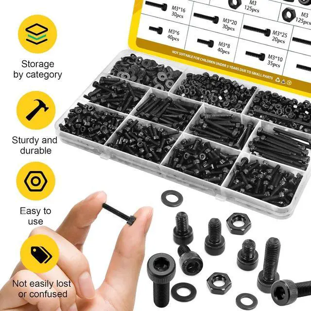 Alt view image 5 of 7 - 750PCS M3 Screws Assortment Kit, M3x6/8/10/12/16/20/25/30 mm Hex Socket Head Bolts, Nuts & Washers Assorted Set - 12.9 Alloy Steel Black Zinc Plated M3 Screw for 3D Printer,DIY