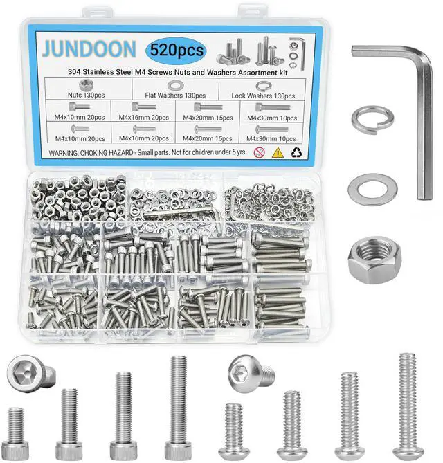 Main image of 520-Piece M4 Hex Socket Head & Pan Head Screw Assortment Kit, 304 Stainless Steel, with Nuts, Flat & Lock Washers, 4 Sizes (M4x10/16/20/30mm) for DIY, Electronics, and Machinery Repair
