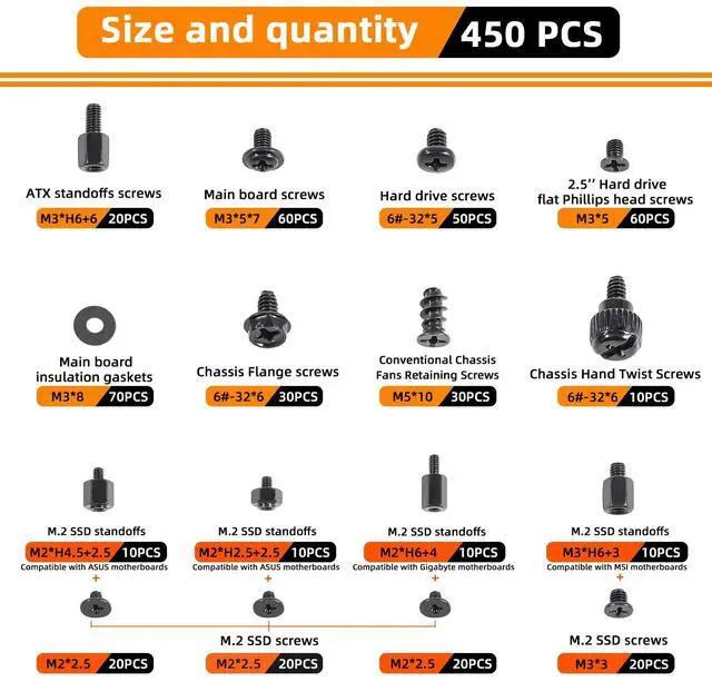 Alt view image 2 of 6 - 450-Piece Computer Screw Kit for PC Building and Repairing - Includes M.2 SSD Mounting Screws, Motherboard Standoff Screw, PC Case, SSD, HDD & Fan Screws | All-in-One Repair Kit