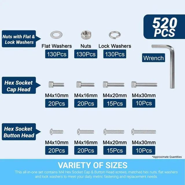 Alt view image 3 of 6 - 520-Piece M4 Hex Socket Head & Pan Head Screw Assortment Kit, 304 Stainless Steel, with Nuts, Flat & Lock Washers, 4 Sizes (M4x10/16/20/30mm) for DIY, Electronics, and Machinery Repair