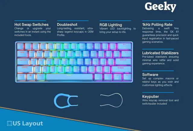 Alt view image 2 of 7 - GK61 60% | Hot Swappable Mechanical Gaming Keyboard | 61 Keys Multi Color RGB LED Backlit for PC/Mac Gamer | ANSI US American Layout (Blue, Mechanical Brown)