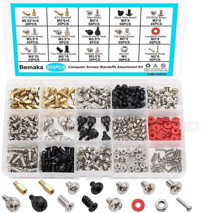 Main image of 502PCS Computer Screws Assortment Kit, Motherboard Standoffs Screws PC Screws for PC Fan, PC Case, HDD Hard Drive, Laptop, SSD, CD-ROM, for DIY Installation & Repair of Computer Parts