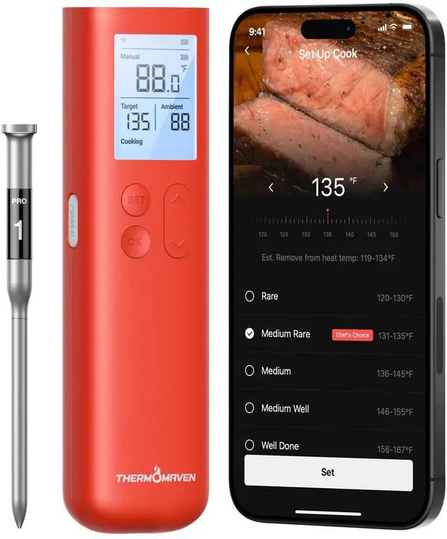 Main image of Smart Bluetooth Wireless Meat Thermometer, 10X Enhanced Sub-1G Signal and Stability, Standalone Display Base, Certified Accuracy ±0.5°F, WiFi Unlimited Range for BBQ, Oven, Smoker, Grill