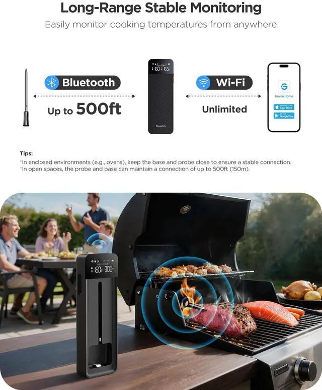 Alt view image 5 of 7 - Smart Wireless Meat Thermometer with Bluetooth WiFi Ultra Range, Digital Oven Thermometer with Accuracy ±1.8°F, Charge Magnetic Base, Alarm, Kitchen Tools Suitable for BBQ, Grill, Smoker