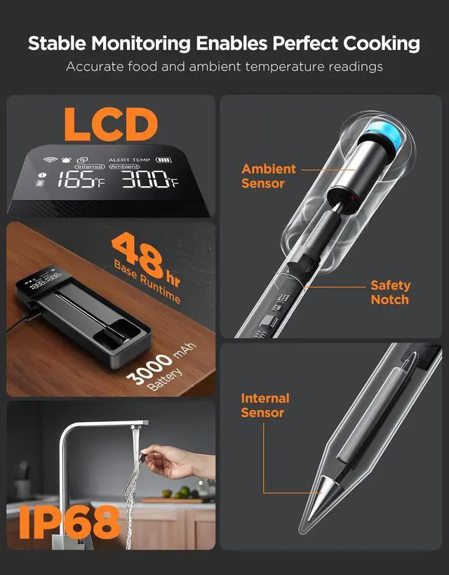 Alt view image 6 of 7 - Smart Wireless Meat Thermometer with Bluetooth WiFi Ultra Range, Digital Oven Thermometer with Accuracy ±1.8°F, Charge Magnetic Base, Alarm, Kitchen Tools Suitable for BBQ, Grill, Smoker