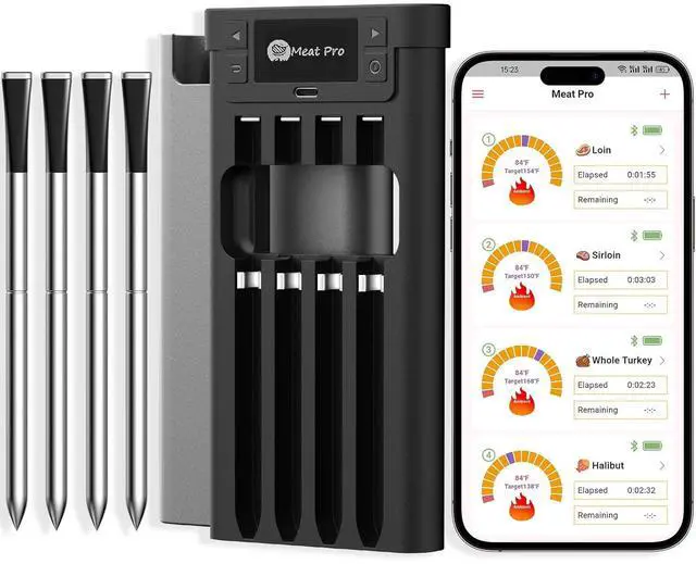 Main image of Wireless Meat Thermometer, Digital BBQ Thermometer with 4 Probes, Long Range Smart Grill Thermometer with Dual Sensors for Grilling, Smoking, Oven, Kitchen Cooking