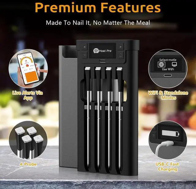 Alt view image 3 of 7 - Wireless Meat Thermometer, Digital BBQ Thermometer with 4 Probes, Long Range Smart Grill Thermometer with Dual Sensors for Grilling, Smoking, Oven, Kitchen Cooking