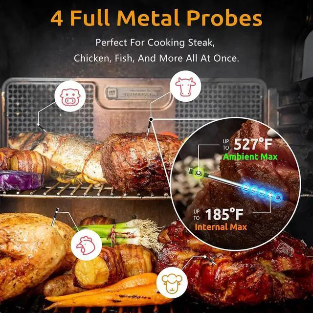 Alt view image 5 of 7 - Wireless Meat Thermometer, Digital BBQ Thermometer with 4 Probes, Long Range Smart Grill Thermometer with Dual Sensors for Grilling, Smoking, Oven, Kitchen Cooking