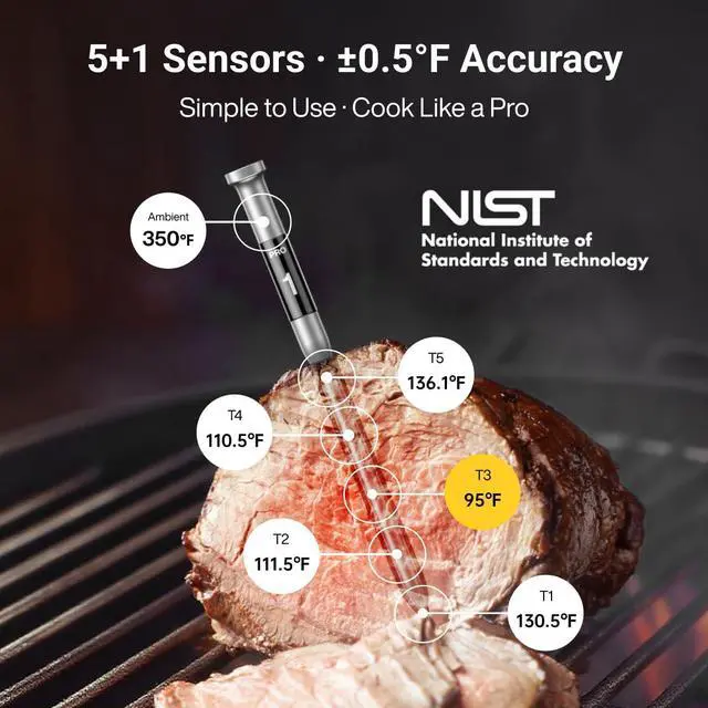 Alt view image 4 of 7 - 3000FT Smart Wireless Meat Thermometer, Sub-1G Long Range, 6 Sensors NIST Certified Accuracy, 2 Thin Probes, Standalone Base with Large LCD for Grill, Smoker, Oven, BBQ