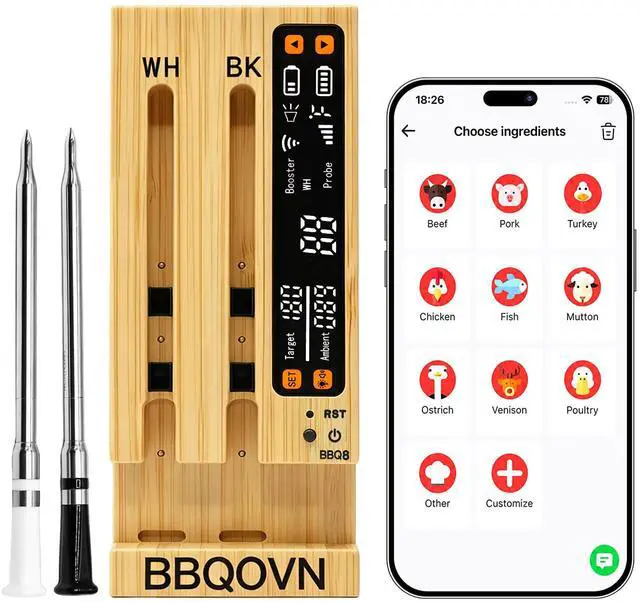 Main image of WiFi Sub-1G Wireless Meat Thermometer Unlimited Range 7 NIST Certified Sensors with Ambient Temp 2 Temp Monitoring Ways Digital Smart Base and App for BBQ, Smoker, Grill, Oven (Dual Probes)