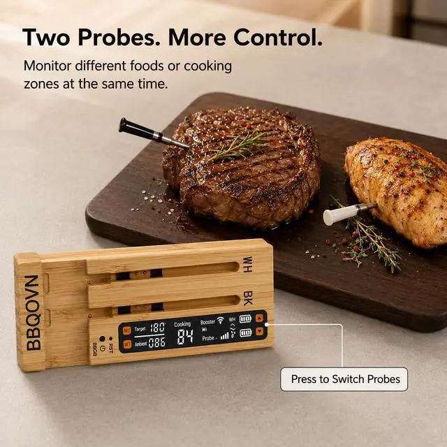Alt view image 3 of 7 - WiFi Sub-1G Wireless Meat Thermometer Unlimited Range 7 NIST Certified Sensors with Ambient Temp 2 Temp Monitoring Ways Digital Smart Base and App for BBQ, Smoker, Grill, Oven (Dual Probes)