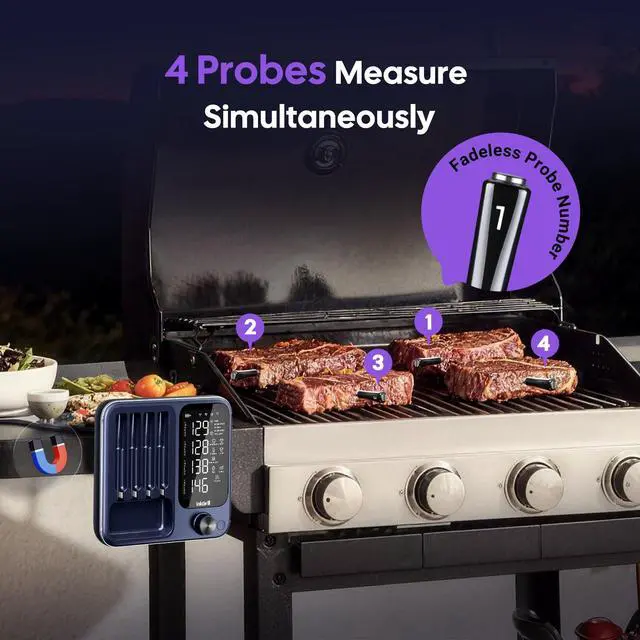 Alt view image 3 of 7 - 4-Probe Digital Meat Thermometer Wireless with Smart APP, Unlimited Range WiFi & Bluetooth Meat Thermometer for BBQ, Rotisserie, Oven, Grill, Smoker,and Air Fryer Cooking