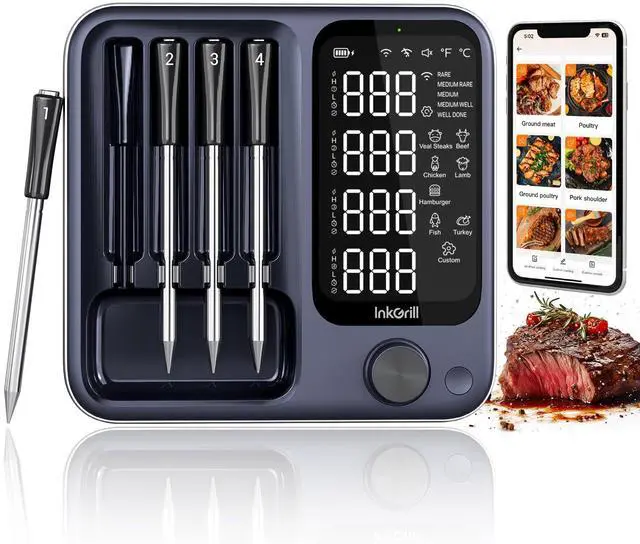 Main image of 4-Probes Smart Wireless Meat Thermometer with WiFi & Bluetooth, Digital Meat Thermometer for Smoker, Oven & BBQ, Rechargeable Magnetic Base, Large Digital Backlit Screen