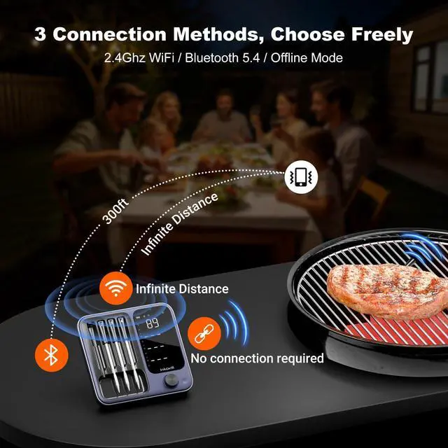 Alt view image 2 of 7 - 4-Probes Smart Wireless Meat Thermometer with WiFi & Bluetooth, Digital Meat Thermometer for Smoker, Oven & BBQ, Rechargeable Magnetic Base, Large Digital Backlit Screen
