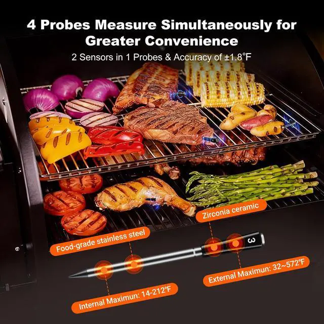 Alt view image 3 of 7 - 4-Probes Smart Wireless Meat Thermometer with WiFi & Bluetooth, Digital Meat Thermometer for Smoker, Oven & BBQ, Rechargeable Magnetic Base, Large Digital Backlit Screen