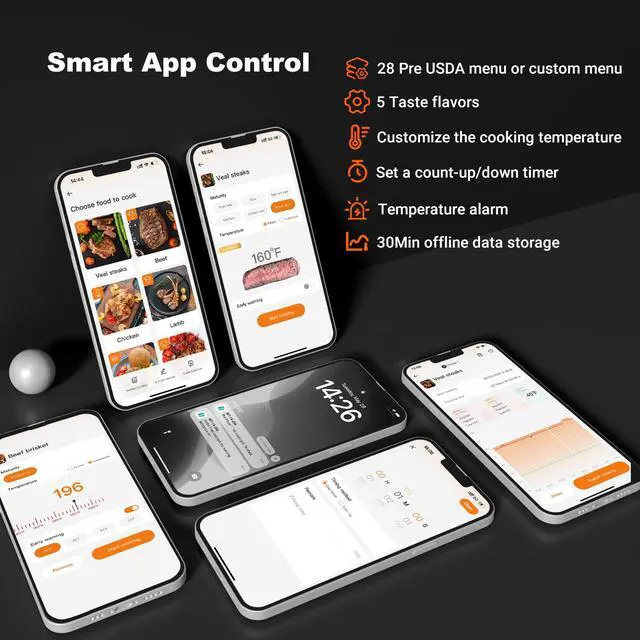 Alt view image 4 of 7 - 4-Probes Smart Wireless Meat Thermometer with WiFi & Bluetooth, Digital Meat Thermometer for Smoker, Oven & BBQ, Rechargeable Magnetic Base, Large Digital Backlit Screen
