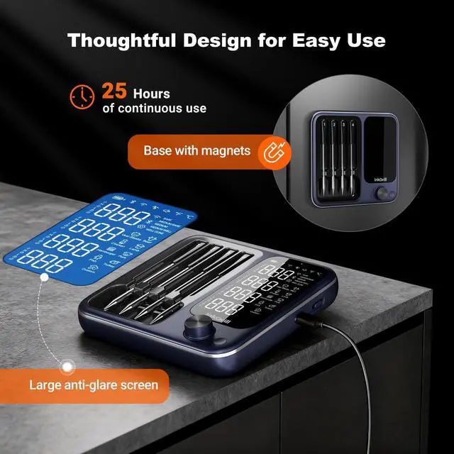 Alt view image 6 of 7 - 4-Probes Smart Wireless Meat Thermometer with WiFi & Bluetooth, Digital Meat Thermometer for Smoker, Oven & BBQ, Rechargeable Magnetic Base, Large Digital Backlit Screen