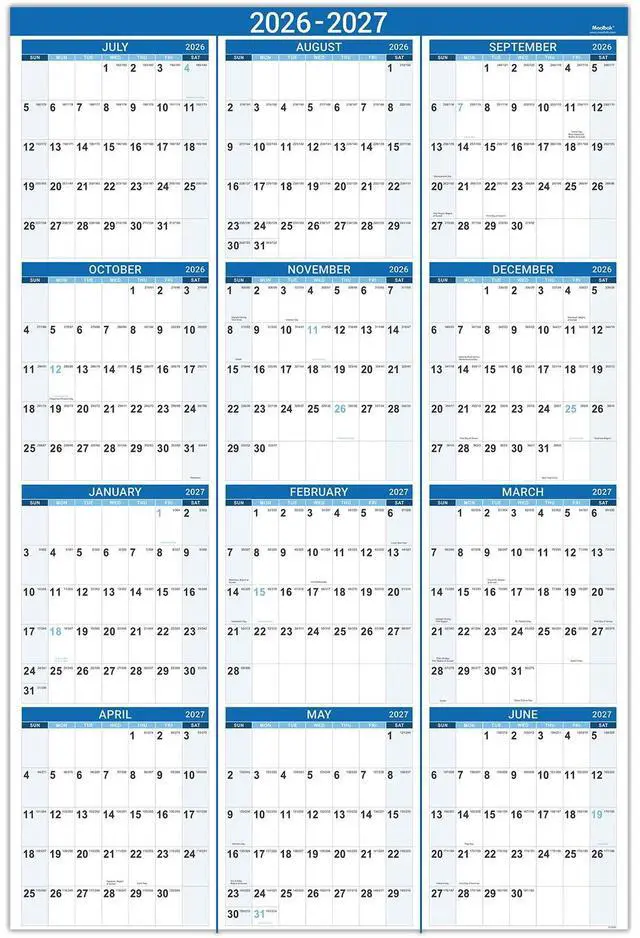Main image of 2026-2027 Yearly Wall Calendar - Jul 2026 - Jun 2027, 22.8" x 34.4" (Open), 2026-2027 Wall Calendar, Premium Paper, Double-Sided Small Round Sticks, Blue