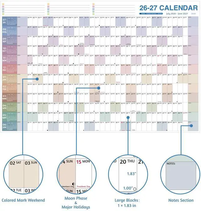 Alt view image 3 of 7 - Yearly Wall Calendar 2026-2027 - Large Yearly Calendar 2026-2027, Jul 2026 - Jun 2027, 38.2'' x 25.2'' (Open), 12 Months, Thick Yearly Wall Calendar with To-do Lists, Notes, Stickers, All At One Page