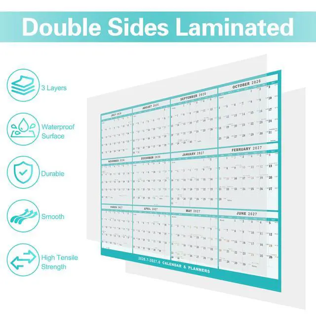 Alt view image 4 of 7 - 24"x36" Academic Wall Calendar 2026-2027, JUL 2026 - JUN 2027 12 Months Large Calendar, Erasable, Wet & Dry Erase Laminated, Vertical/Horizontal Reversible, Yearly Wall Planner with Julian Dates