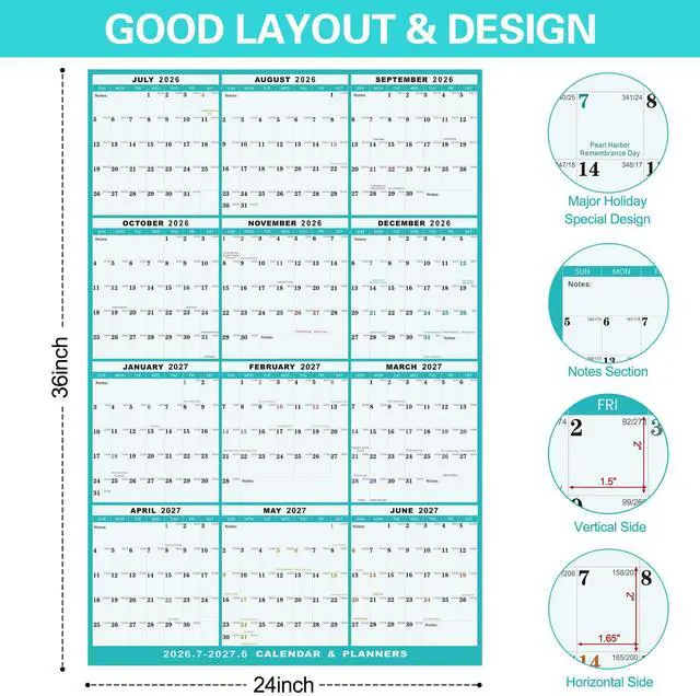 Alt view image 3 of 7 - 24"x36" Academic Wall Calendar 2026-2027, JUL 2026 - JUN 2027 12 Months Large Calendar, Erasable, Wet & Dry Erase Laminated, Vertical/Horizontal Reversible, Yearly Wall Planner with Julian Dates
